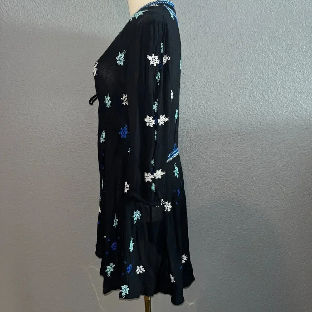 FP FREE PEOPLE STAR GAZER BLACK & BLUE LONG SLEEVE EMBROIDERED DRESS - EUC -  XS